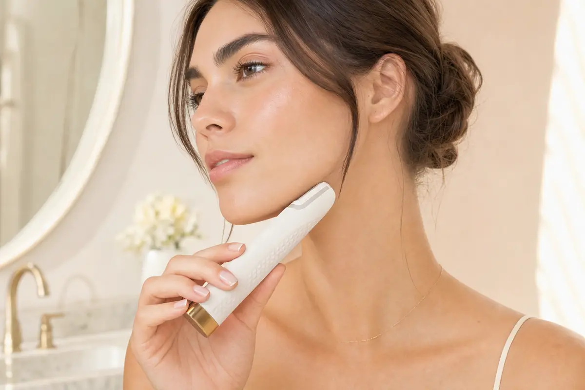 Peachly rechargeable electric dermaplane tool being used along the jaw