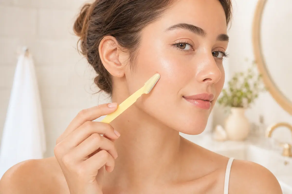 A woman gliding a Peachly dermaplane razor along her cheek for smooth skin